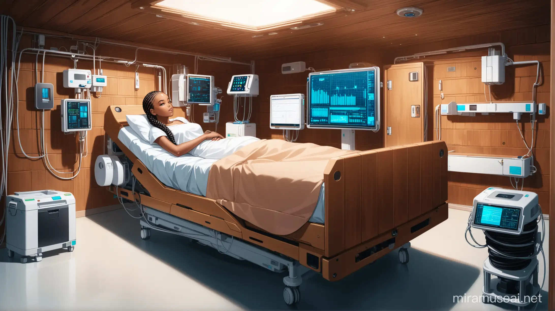 beautiful black woman with cornrows lying on hospital bed connected to all sorts of high tech machinery in wooden cabin