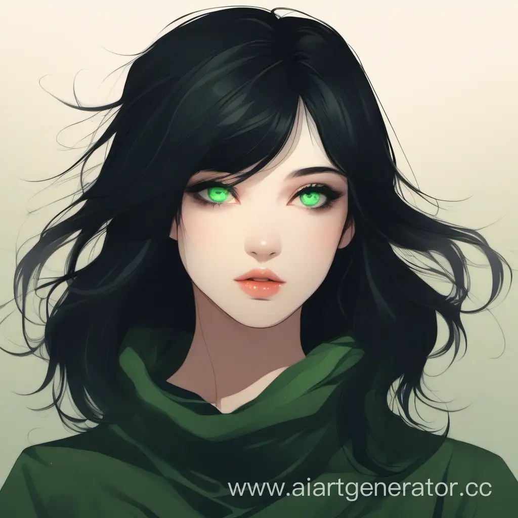 A beautiful girl with shoulder-length black hair and dark green eyes
