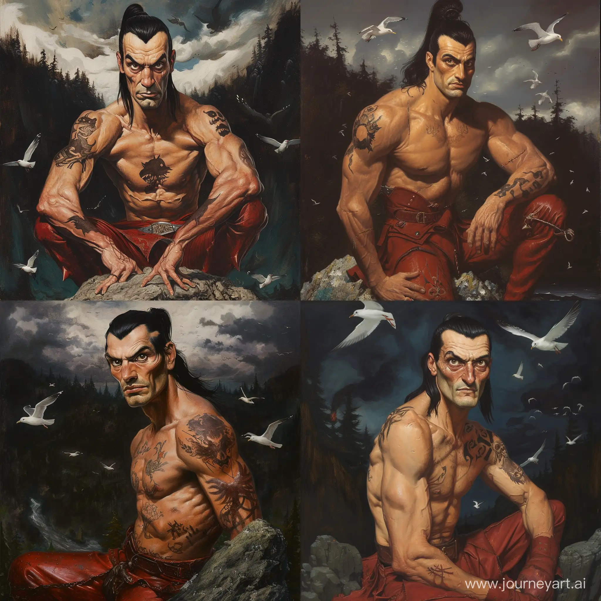 Oil painting in the style of Frank Frazetta, German art. full-length portrait of a muscular medieval Spanish bandit. He has a black ponytail, is trim and athletic. He has large brown eyes, bushy eyebrows, thin lips and a slight scowl. He is dressed in red-leather clothing, covered in black tattoos, has defined abs and long muscular legs. He sits on the rock of a flying island high above the sky. Behind him is a dark forest. eagulls are flying around him, oil painting