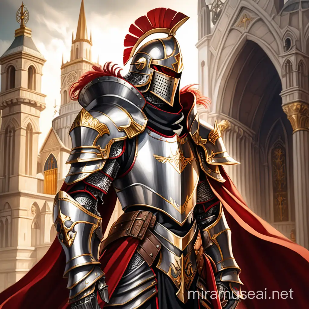 Anime style. Fantasy setting. Male character commander in metal armor with a plumed helmet that show his face. He has color scheme of red, black and gold. He wear cloak. He should looks like Templar knight, Chapel on background 