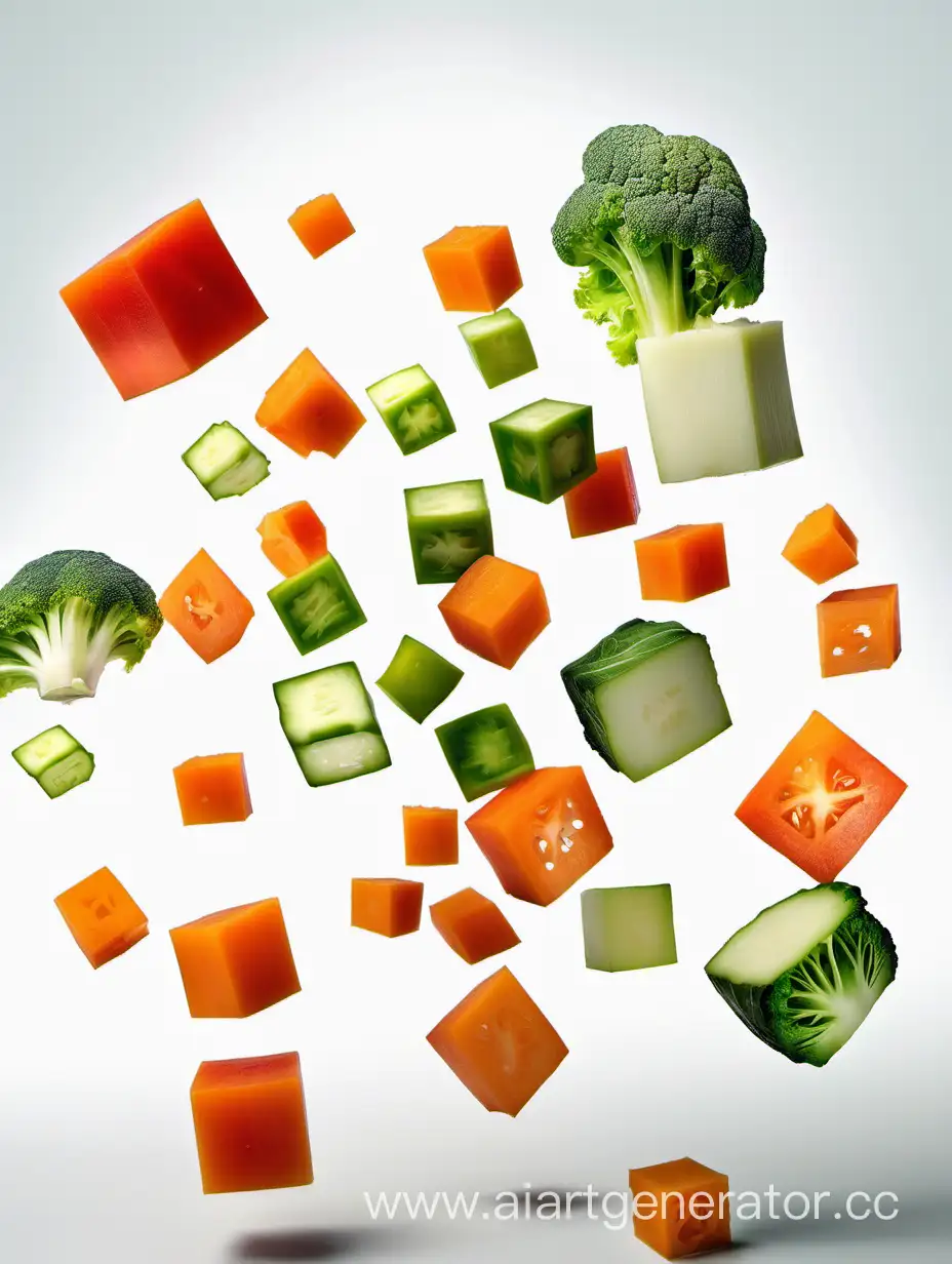 нарезанные кубиками овощи в воздухе на белом фоне