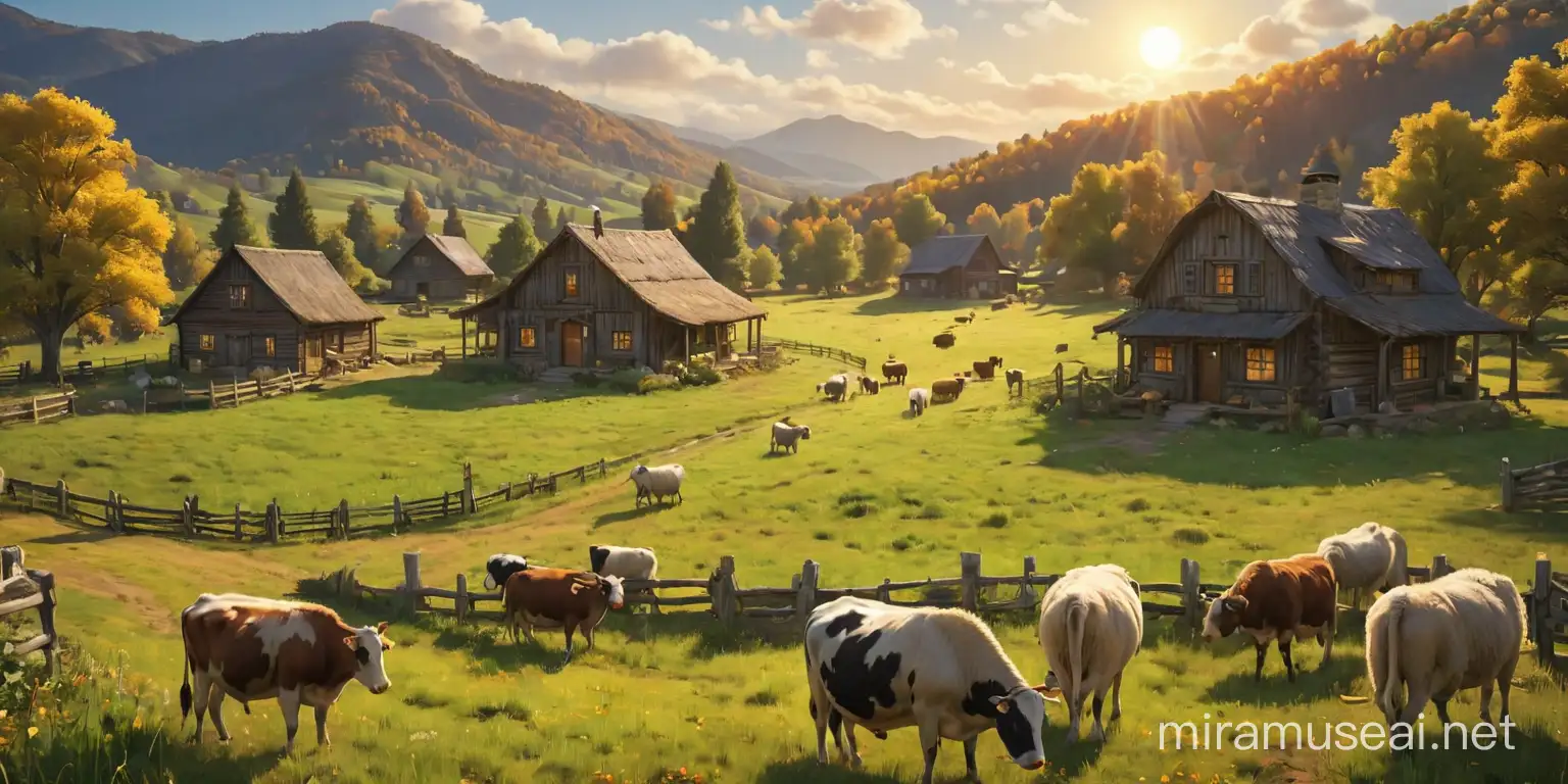The well managed farm land, inspired by the farm from the harvest moon, the first person view, cows and sheep, crops, sunny, cabins,