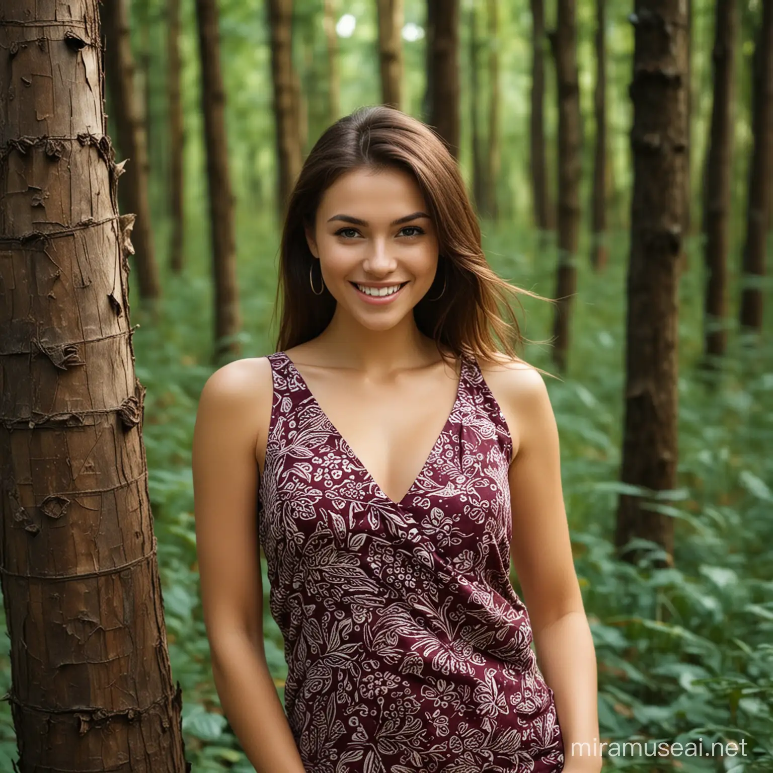 Beautiful Woman Smiling in Batik Dress Amidst Forest Setting