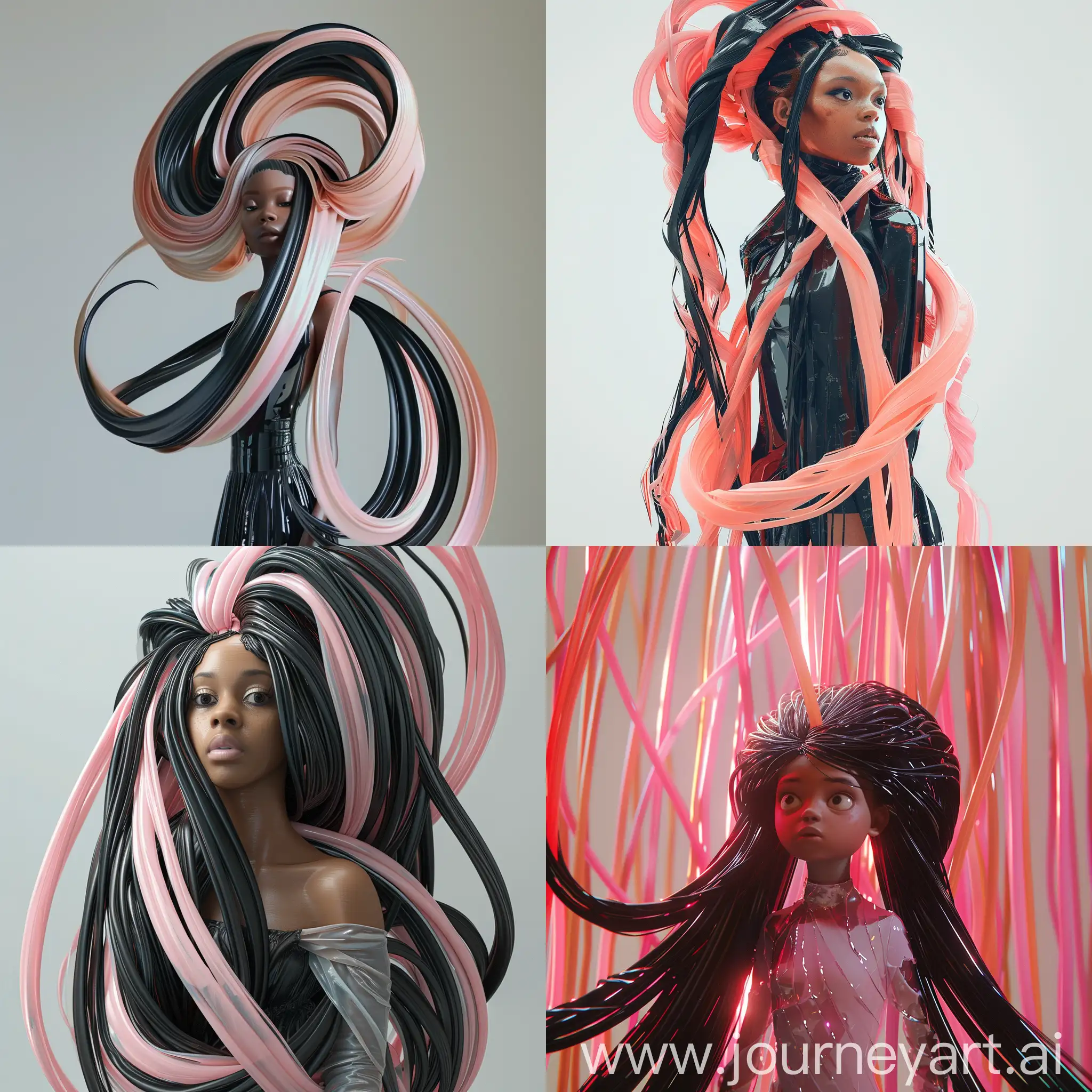 a girl with huge long hair standing up, in the style of photorealistic rendering, light pink and black, afro-caribbean influence, made of plastic, moody colors, close-up, wrapped