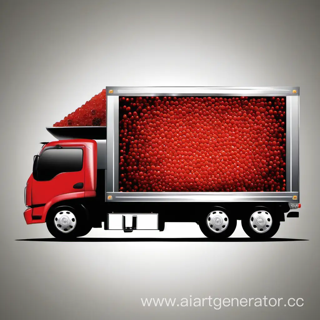 Create a promotional image for our red refrigerated truck, which is in the middle of the image on a black background. Place an image of red caviar to the right of the truck, and red fish to the left. Leave some space at the top of the image for your logo. Be sure that all images fit together harmoniously and create an attractive visual image.
