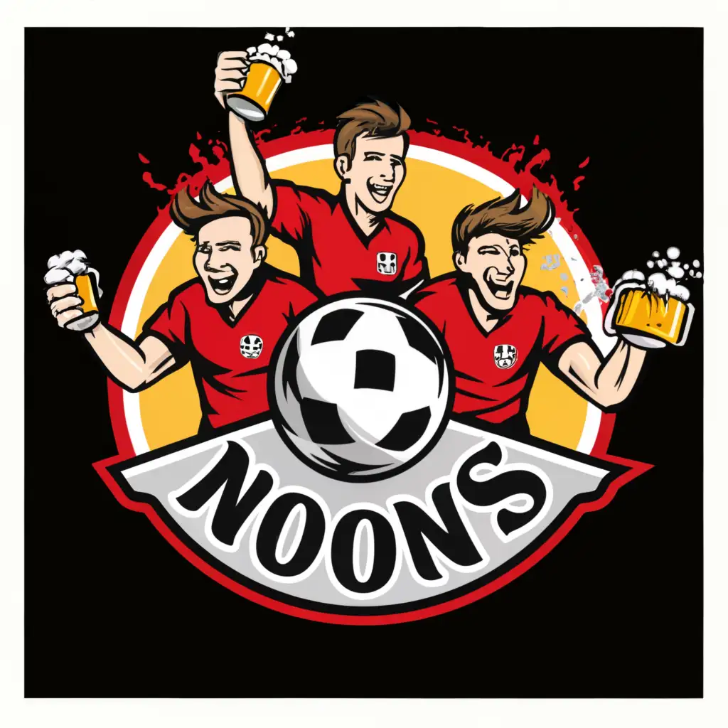a logo design,with the text ""NONS"", main symbol:soccer, 3 boys with beer, club logo,Moderate,be used in Sports Fitness industry,clear background