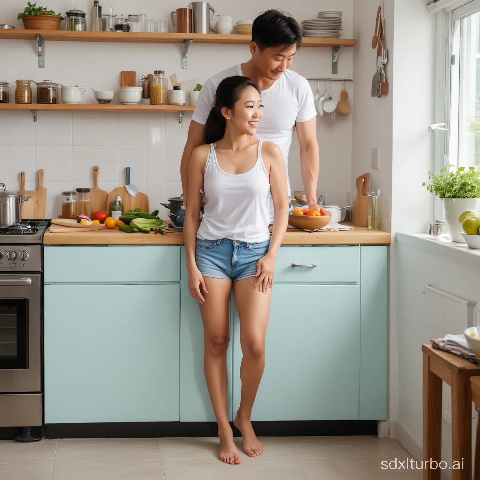 A 32-year-old voluptuous Chinese beautiful woman, wearing light blue denim shorts, a white tank top, barefoot, embracing her 54-year-old boyfriend in the kitchen, cooking together.