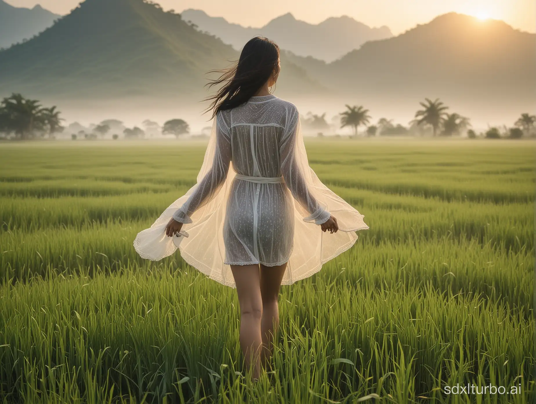 Photograph of Asian woman walking through full grown rice field in morning mist. Wearing only transparent cotton shirt. Contour of mountains in background. Sunrise. Hyperrealistic, Fujifilm look, vintage lens, cinematic. Full body from back. Thighs exposed. Thick hips. Soft and silk hairs. Bokeh. Windy