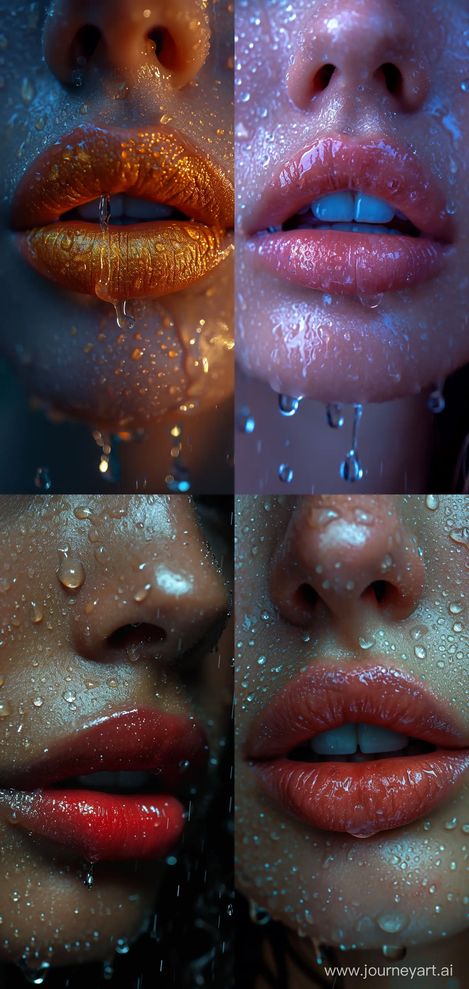 front close-up shot of lips, raining, Nikon D850 --chaos 10 --ar 9:19 --quality 0.5 --style raw --stylize 1000 --v 6.0