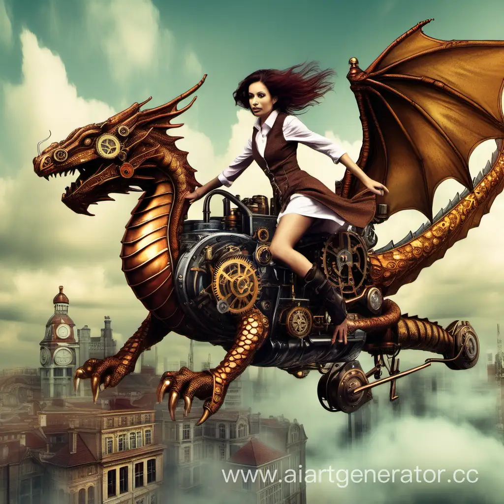 mujer volando en un dragón steampunk