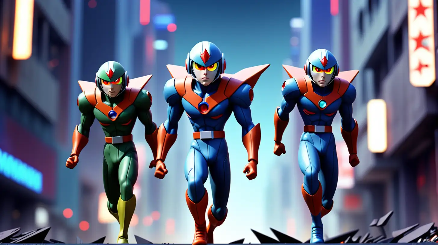 Epic Cinematic Nighttime Battle in Dystopian Ruins Gatchaman Warriors Confront Dystopia