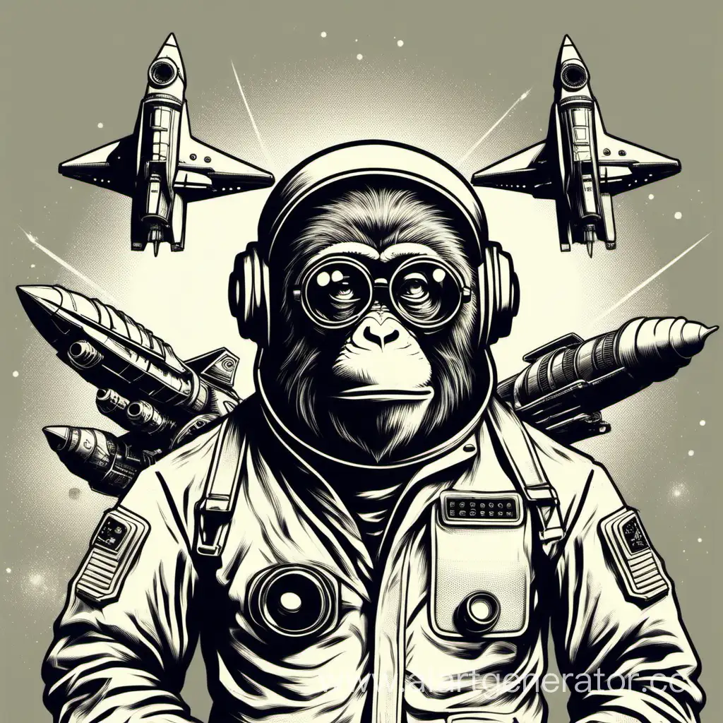 mad space monkey scientist with the glassess. the vintage spaceship launch from the base. detail. minimum color.