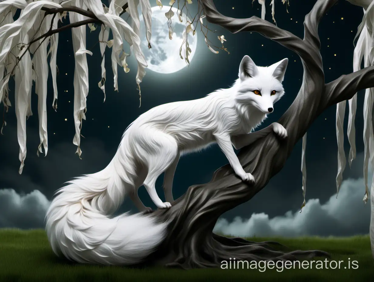Nine tailed white fox sitting under a weeping willow tree. Under a full moon