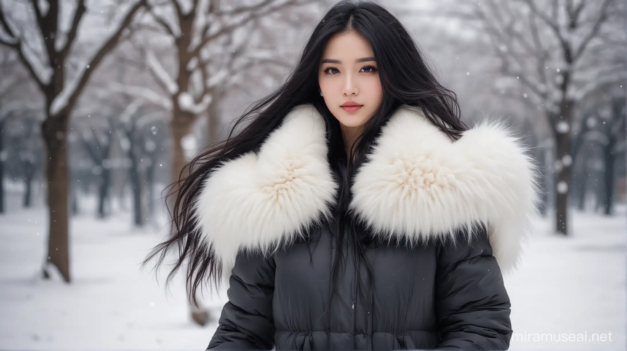 Elegant Woman in Oriental Snowscape Long Down Jacket with White Fur Collar