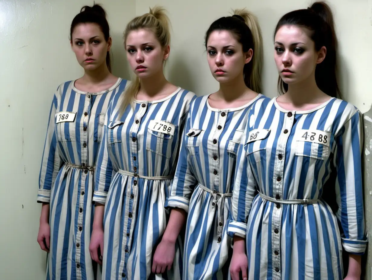 Three busty prisoner woman (20 years old, same dress) stand lined up along a long wall (ready for inspection) in worn dirty blue-white vertical wide-striped longsleeve midi-length buttoned prisonerdress (, a big printed "478" label on chest pocket, brunette or Blonde short low pony hair , sad and ashamed ), look into camera