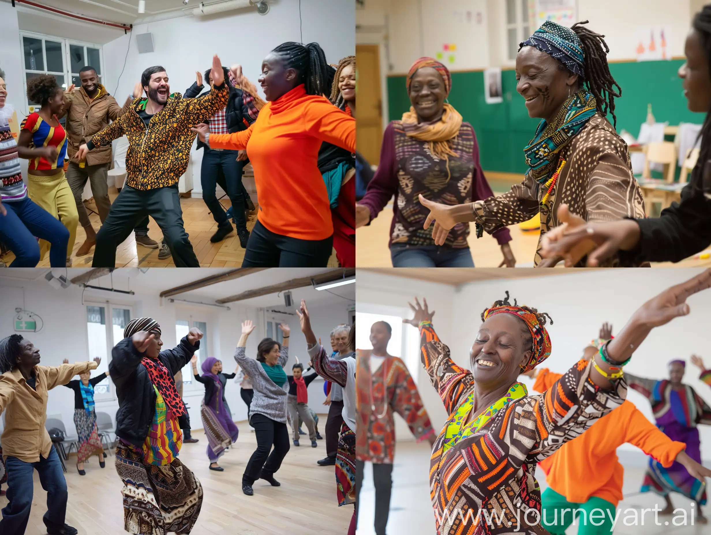 people from diferent etnicities in a workshop for social inclusion and preserve cultural diversity in Paris by engaging local communities via Dancing tradicions.