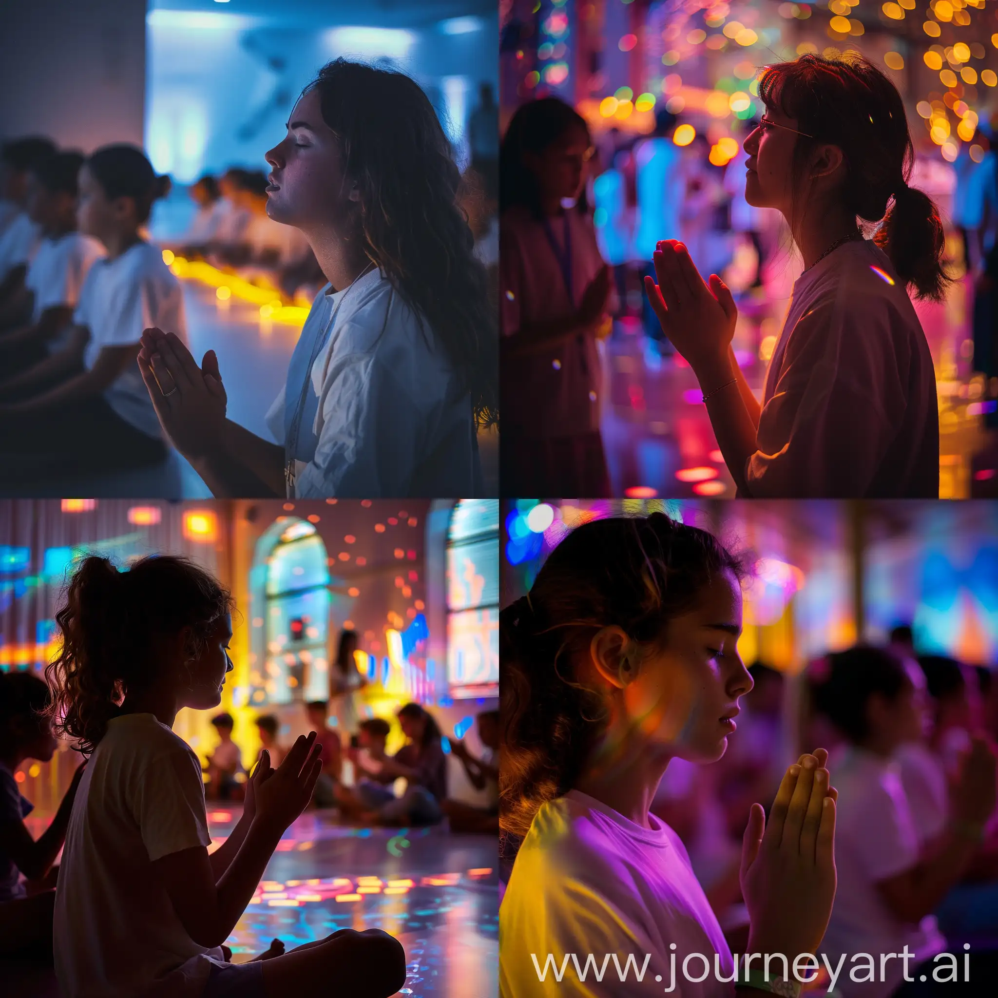 Joven en un salón iluminado disfrutando de actividades con un grupo de jovenes católicos y orando