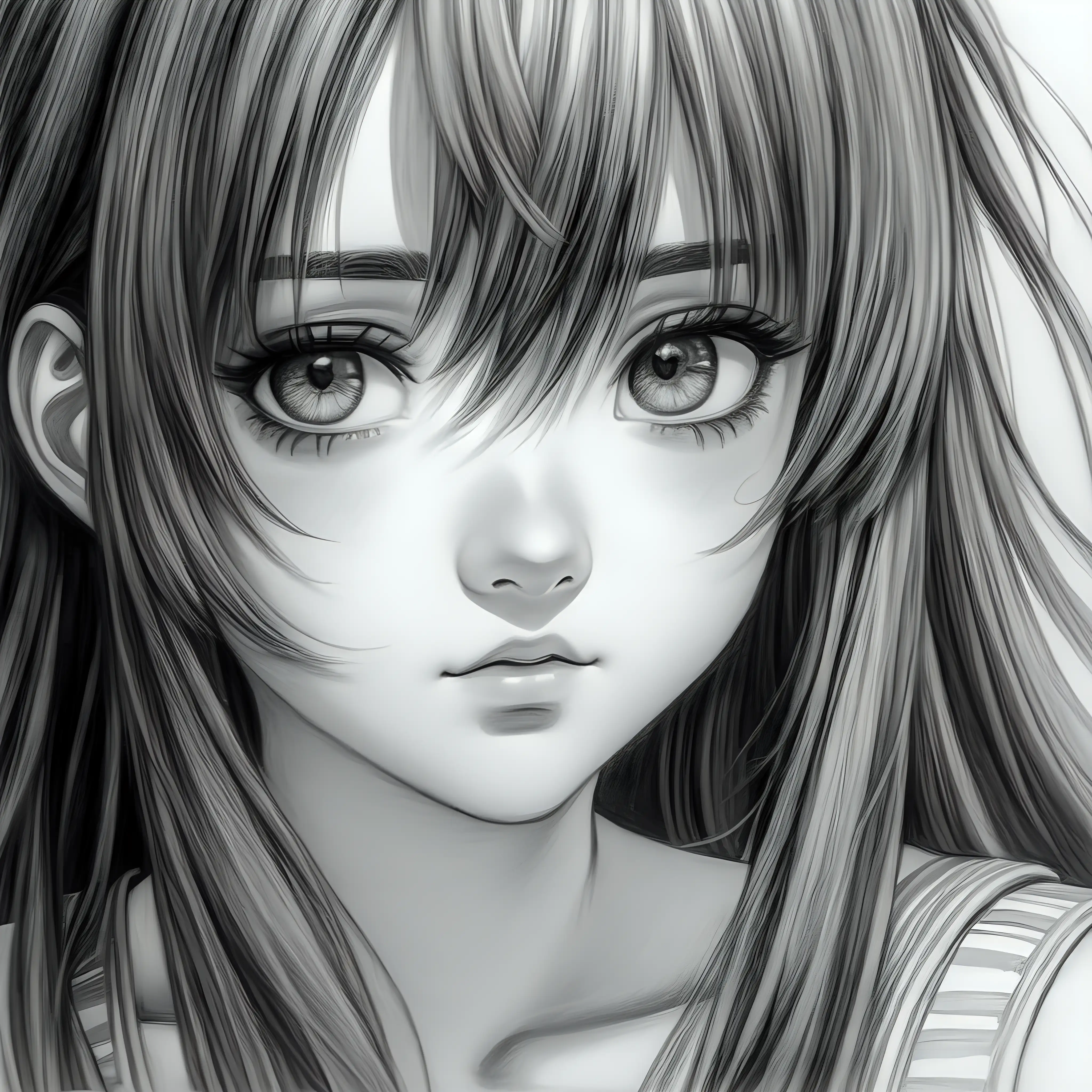 Produce a charcoal sketch portrait of a beautiful anime girl, perfect breast, symmetrical face, messy long hair, wear a tank top, focusing on capturing the essence of her character. Highlight delicate features and expressive eyes with soft shading, allowing the charcoal strokes to convey both subtlety and depth. Explore the interplay of light and shadow to emphasize her charm, and pay attention to intricate details such as hair strands and accessories. Strive for a balance between realism and the unique stylized nature of anime, creating a captivating and timeless charcoal portrait, angle from below, intricate details, detailed face, detailed eyes, hyper realistic photography,--v 5, unreal engine