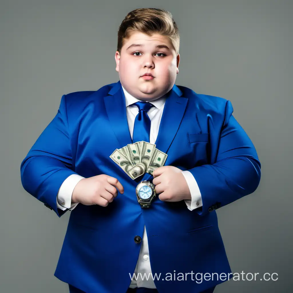 Толстоватый подросток в синем костюме с дорогими часами на руке и пачкой долларов на ногах