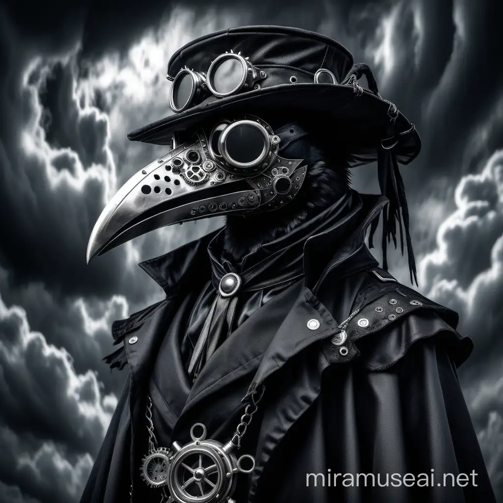 Raven portrait wearing steampunk plague doctor attire.  Dark rolling clouds in background.  Result in greyscale. 