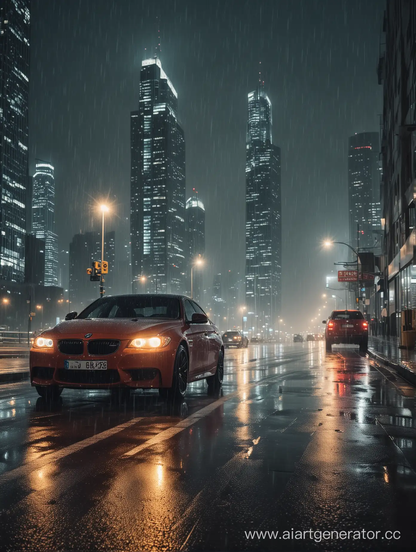 Urban-Night-Drive-Car-Amidst-City-Skyscrapers-in-the-Rain