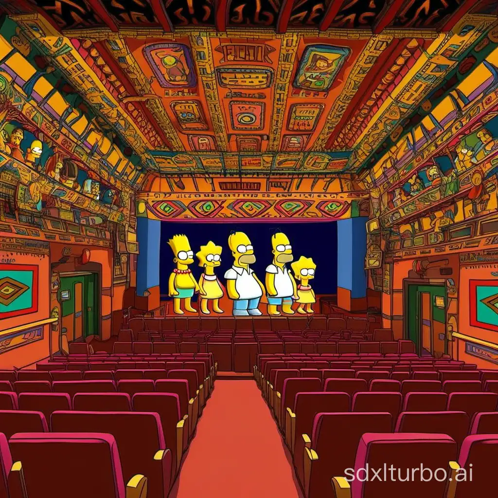 the simpsons aztec theatre interior. simpsons style animation.