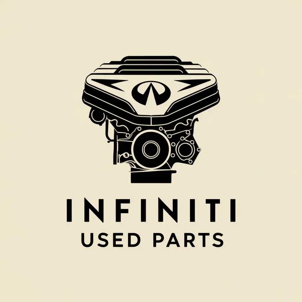 logo, simple illustration of engine front-side, with the text "Infiniti used parts", typography, be used in Automotive industry