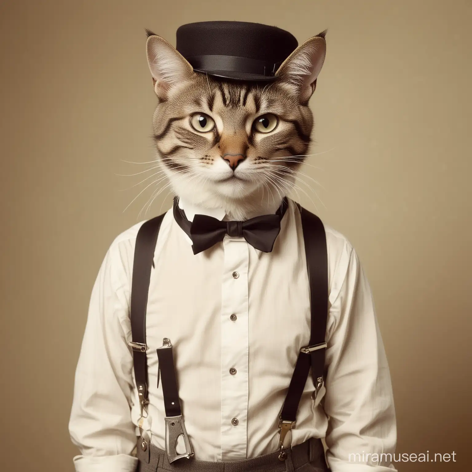 1920s Style Anthropomorphic Cat with Suspenders and Ascot Cap Holding a Knife