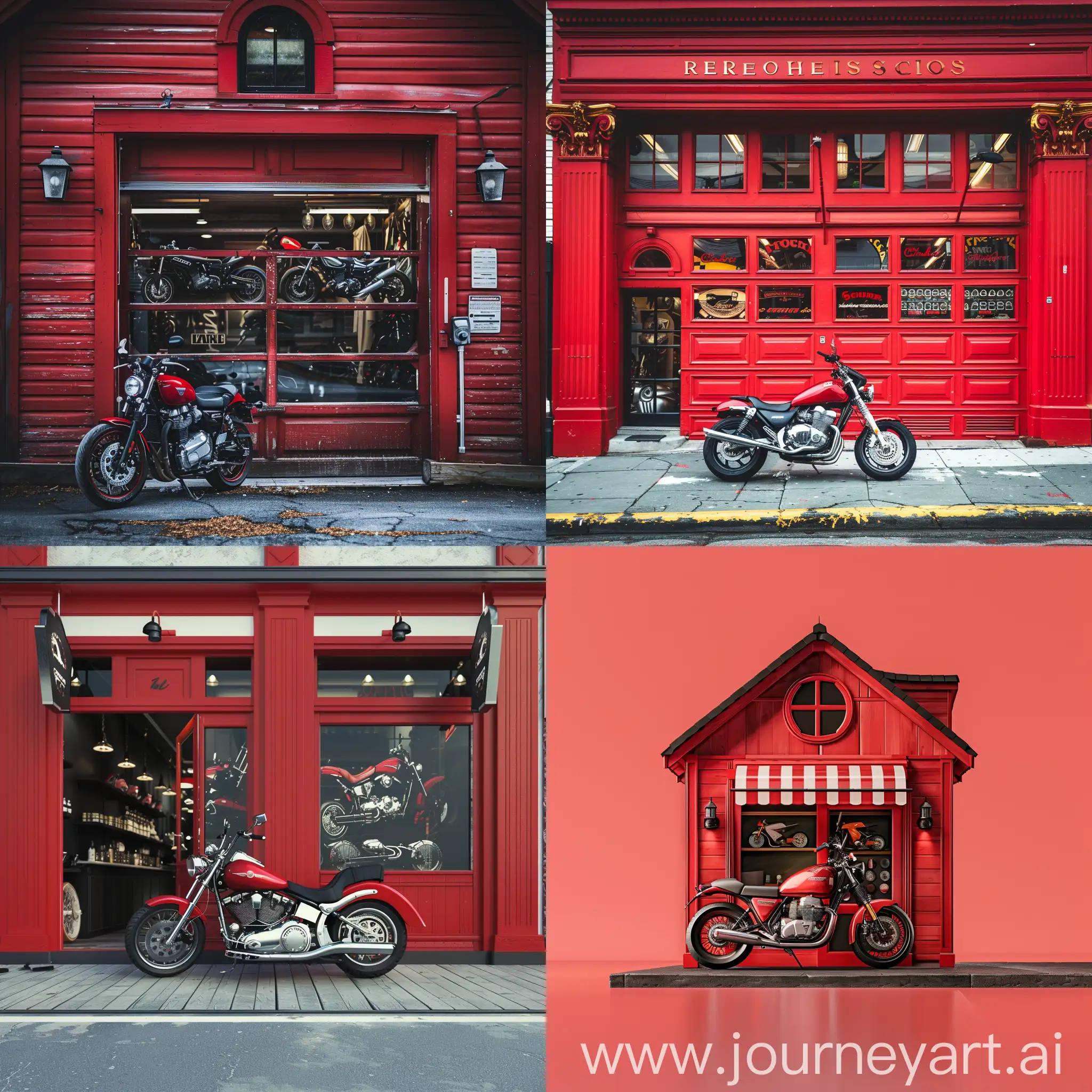 red motorcycle store facade, with a motorcycle in front,