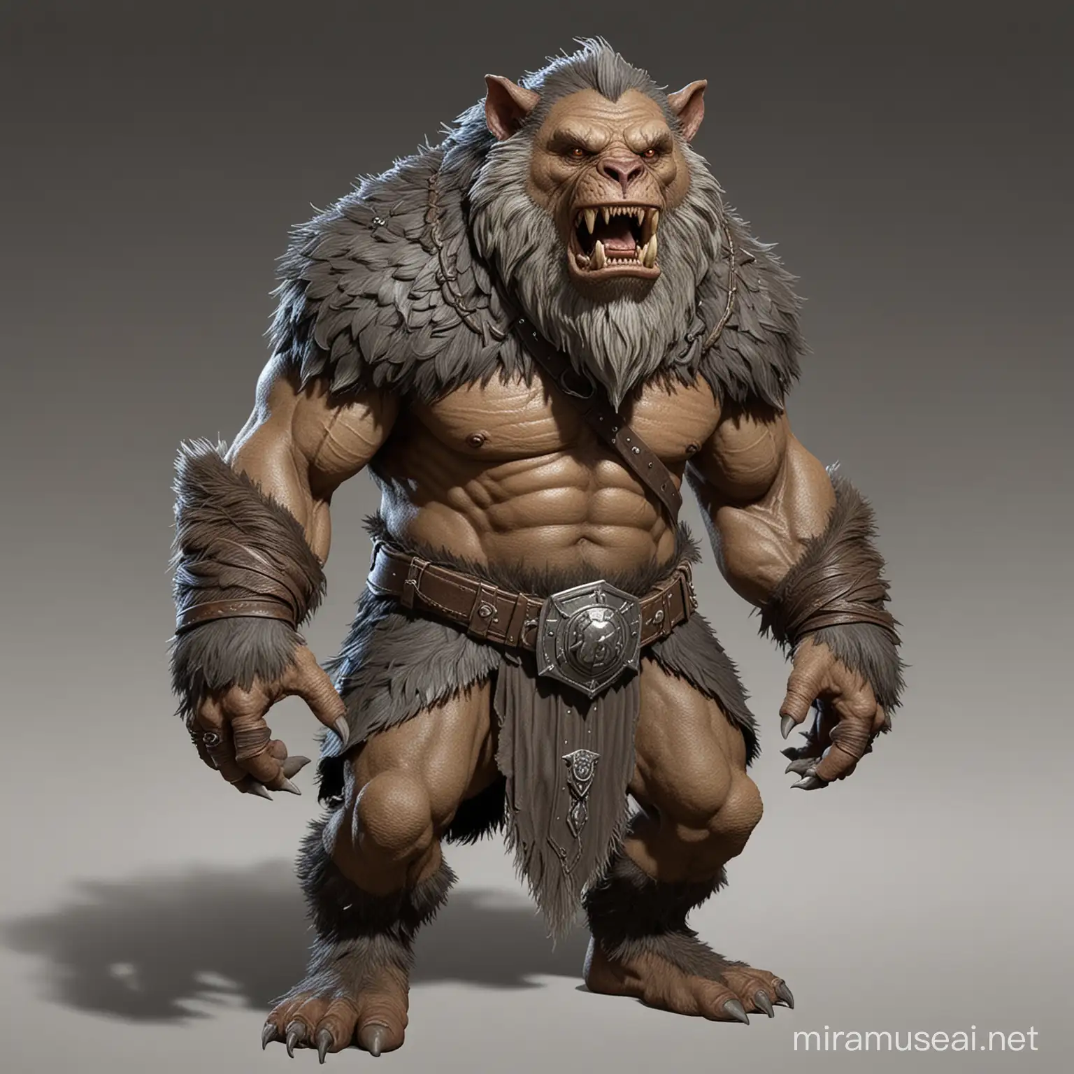 D&D old bugbear, fur with gray, shoulders are stooped