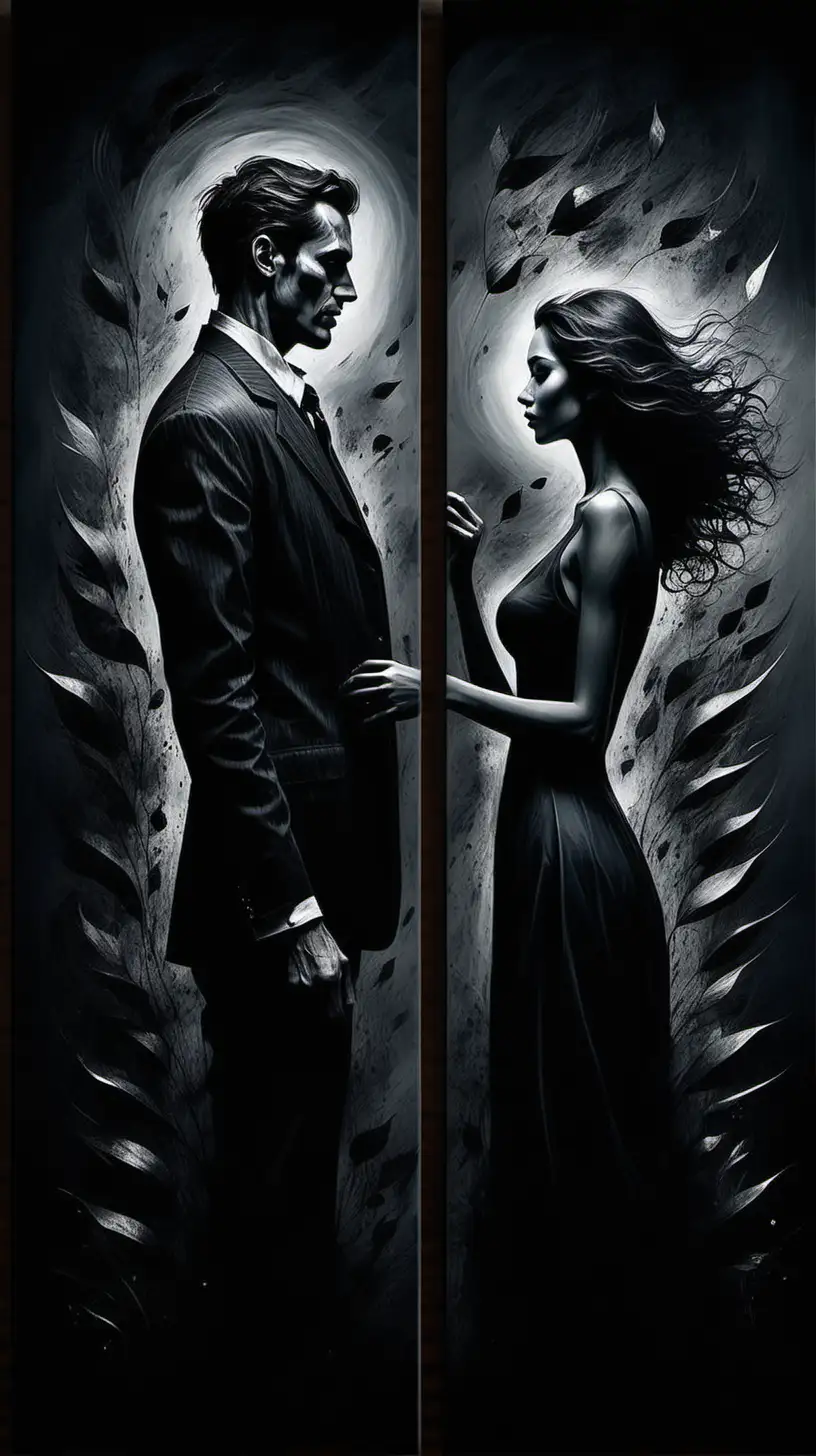 A visually striking portrayal of a man and a woman composed of dark and moody contrast that depicts the joy and sadness of life wall art

