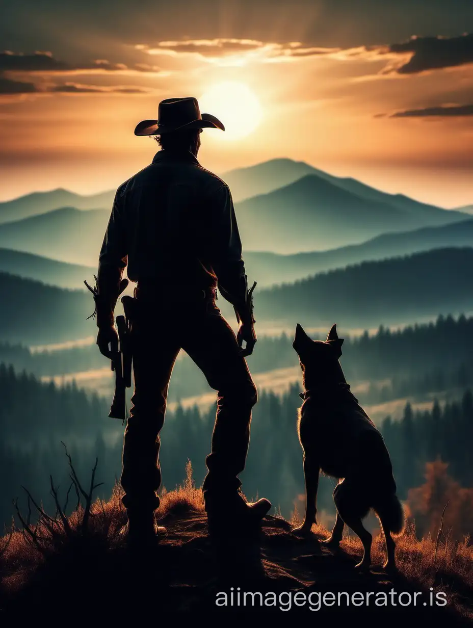 high definition,  forest scene, sunset, silhouette оf brave strong man hunter standing on the hill,  cowboy hat,   dog near man. with mountains in distance