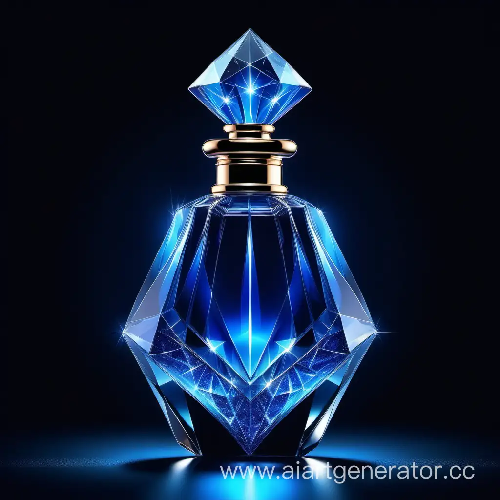 a crystal clear diamonds, with glowing sparks perfume bottle made of blue transparent 