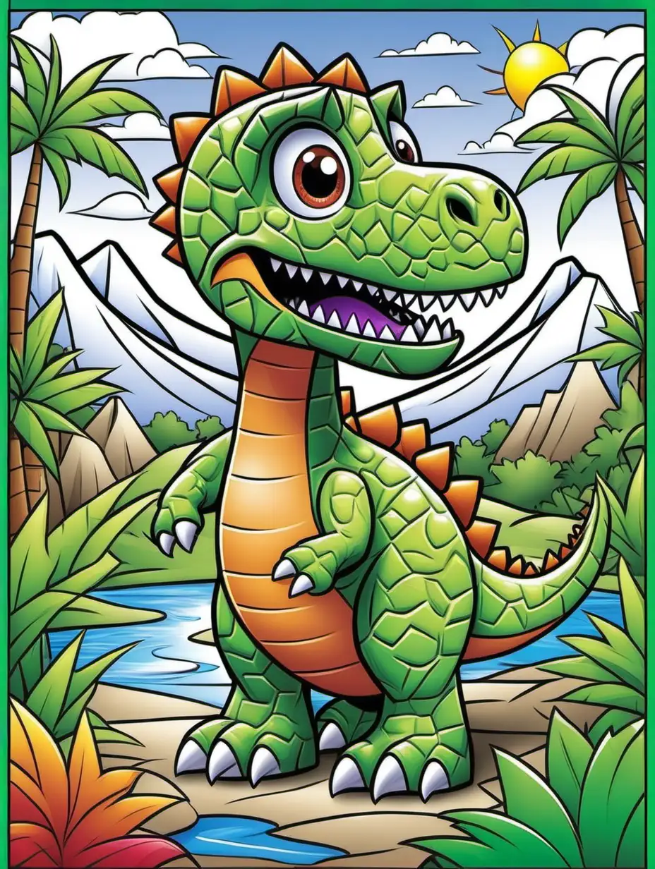 please draw me a sweet and cheerful cartoon- style dinosaur mosazures - designed for a children's coloring book, age 3-5.  Dimension of the page: 21 x 29,7 cm, upright. Only write background. Printing standard