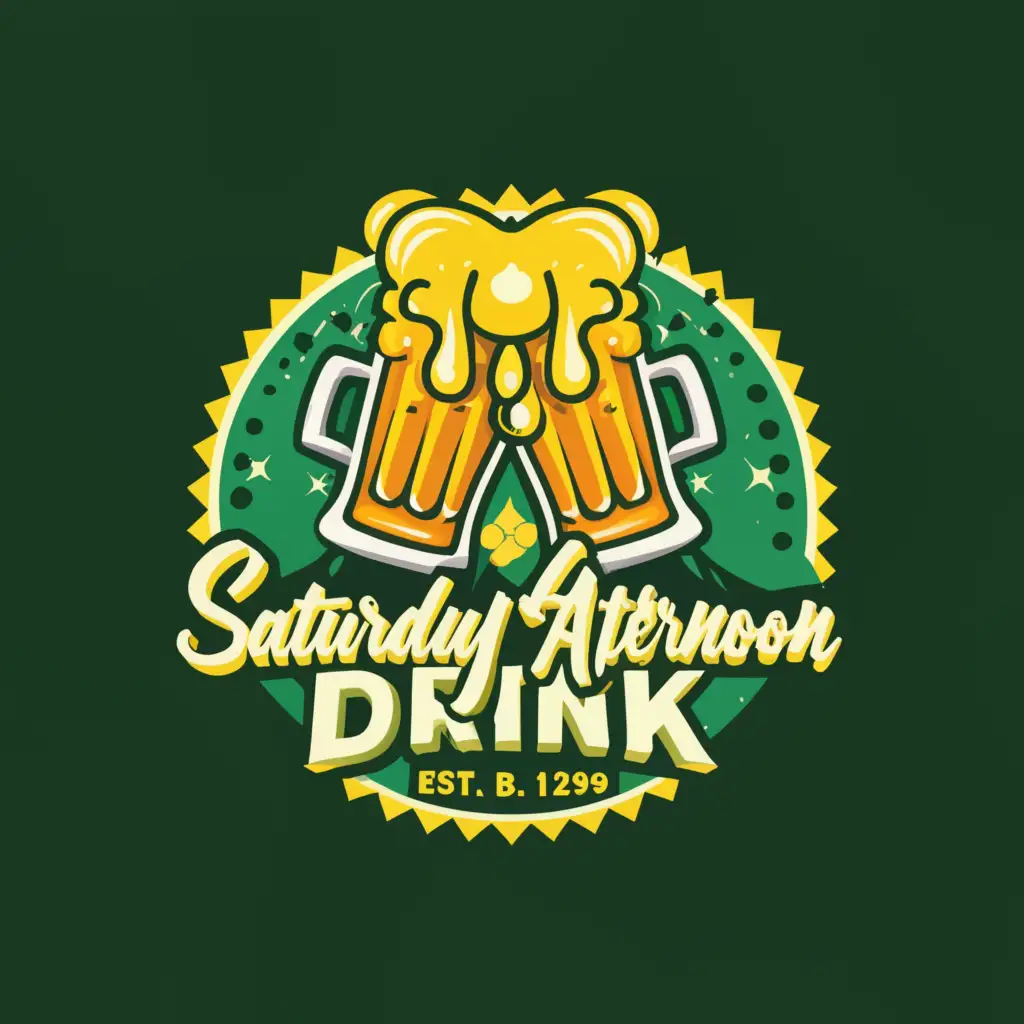 a logo design,with the text "Saturday late afternoon drink", main symbol:Two glass of beers cheering, green yellow colors,Moderate,be used in Entertainment industry,clear background