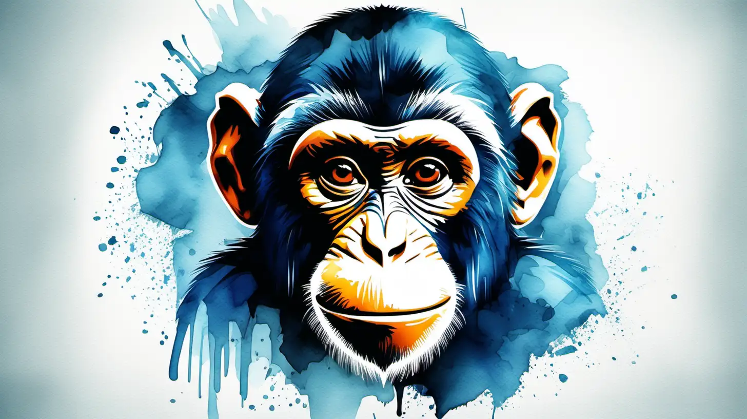 Colorful Digital Watercolor Portrait of a Playful Monkey Logo in Blue White and Black