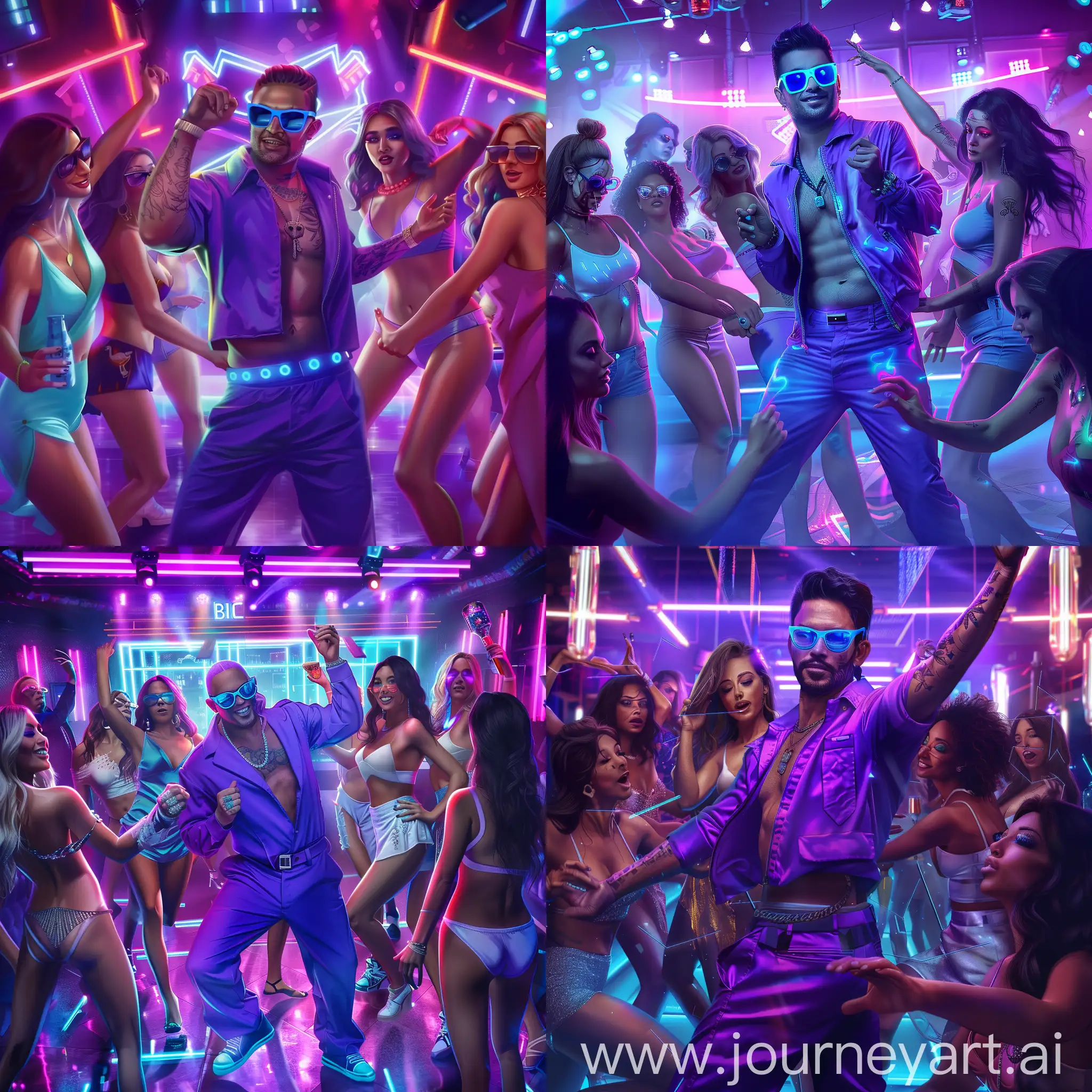 Create a realistic master piece image of a purple bouncer with blue glasses dancing surrounded by beautiful women in a nightclub with neon lights. 
