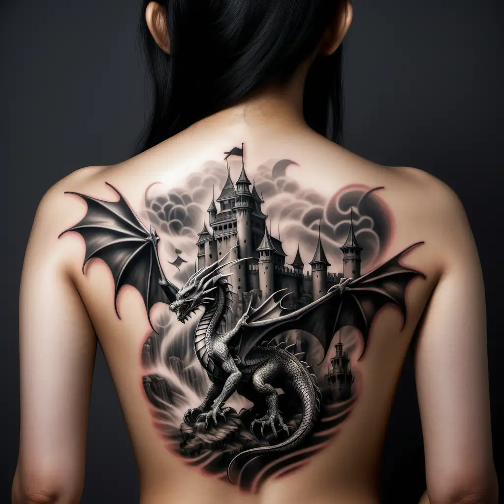 Filipino Style Dragon and Castle Tattoo on Young Asian Girls Back