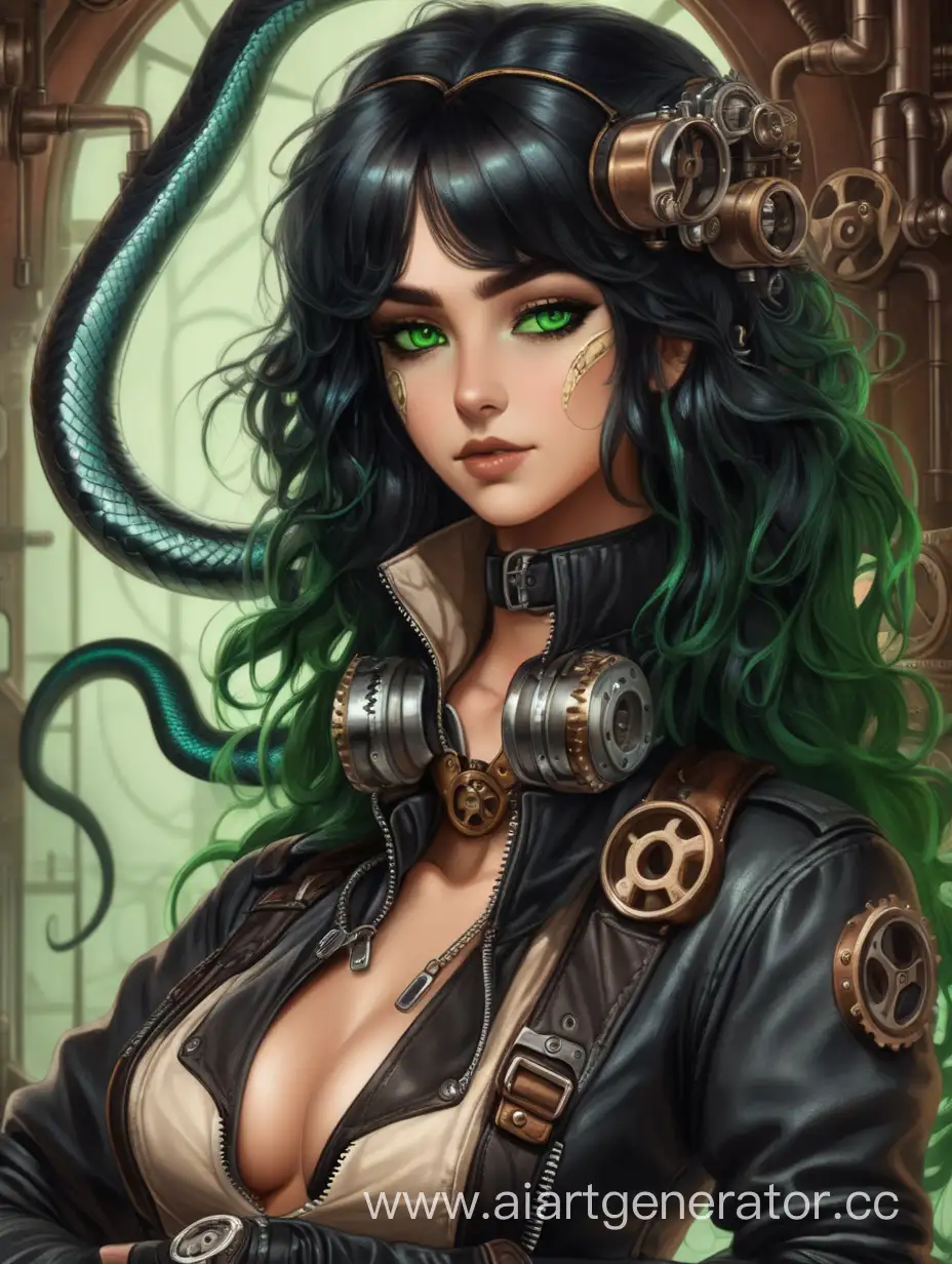 стимпанк девушка в виде змеи механик с черными волосами и зелеными глазами