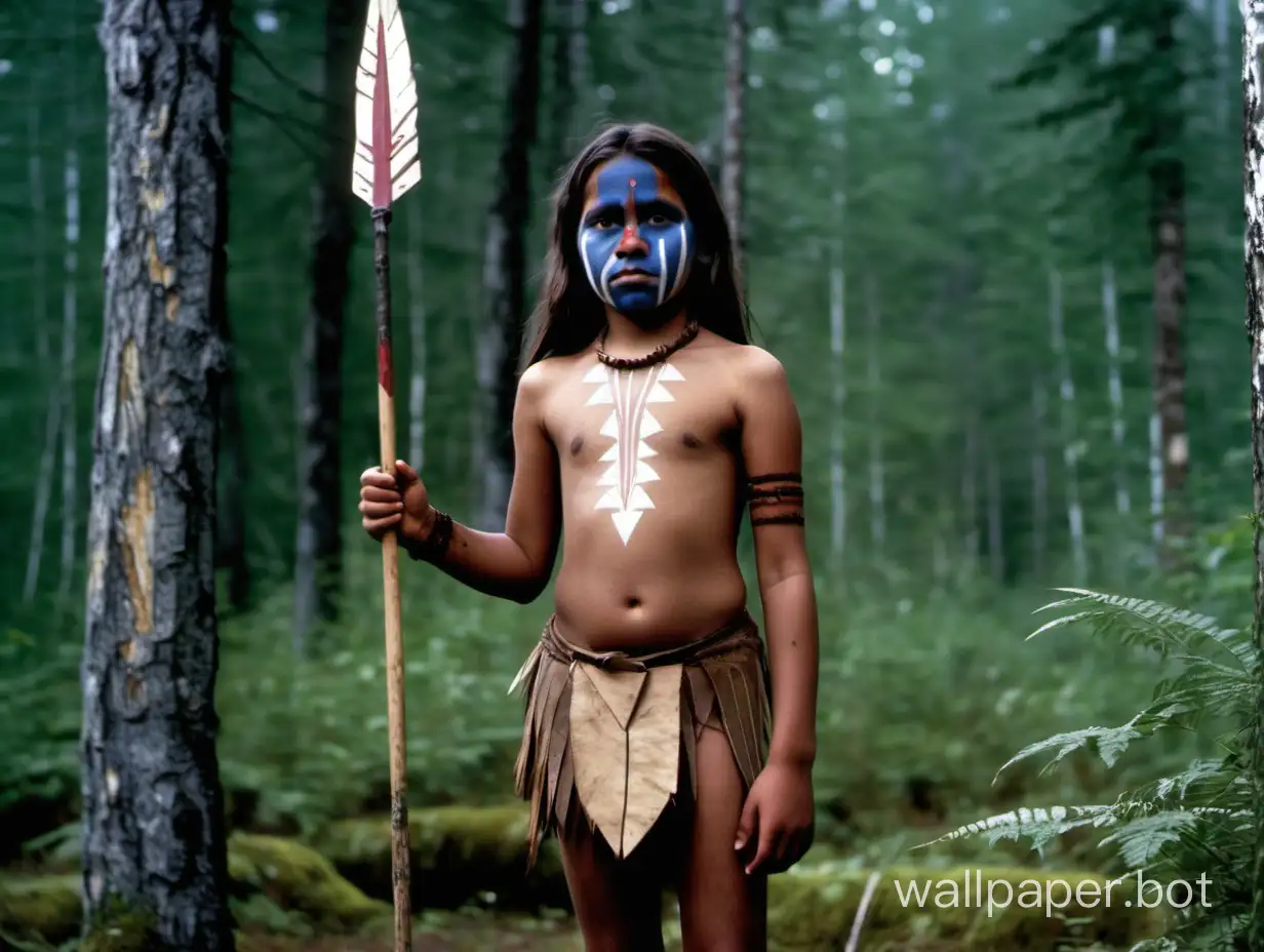 The girl, an Indian from the tribe, 13 years old, in full height, with a loincloth, war paint, and a spear in the forest in Alaska.