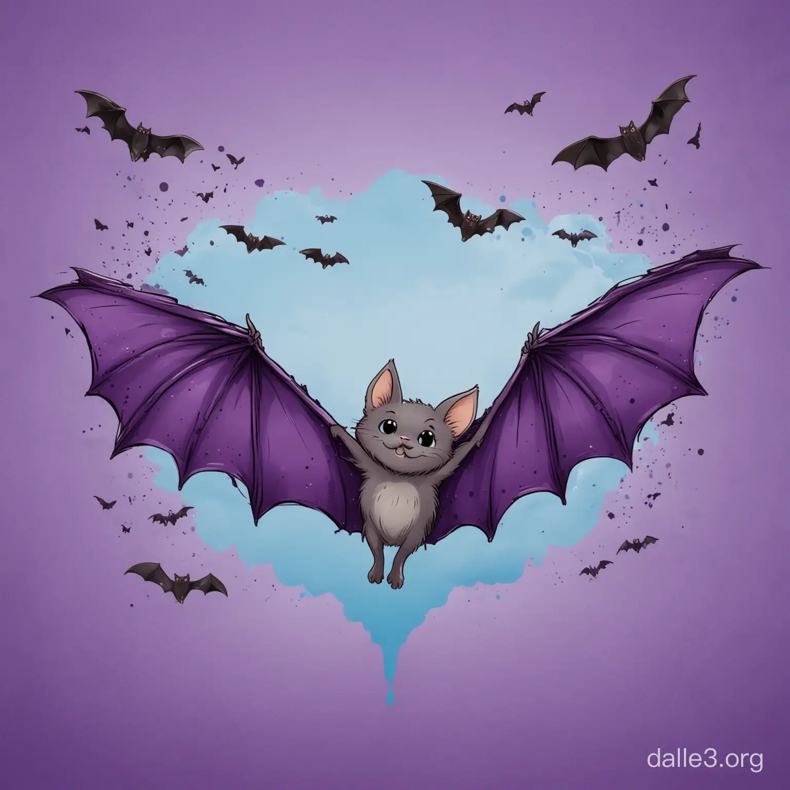 purple and blue banner with flying bats and a cute catroon bat in front