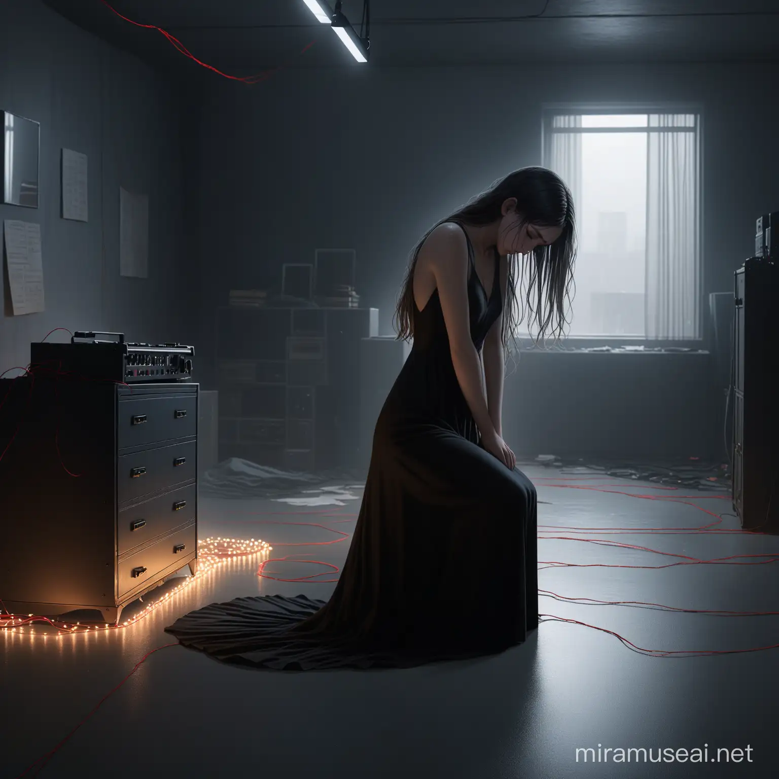 Lonely Girl in Black Dress Crying in Cinematic Gray Room with Red String Lights