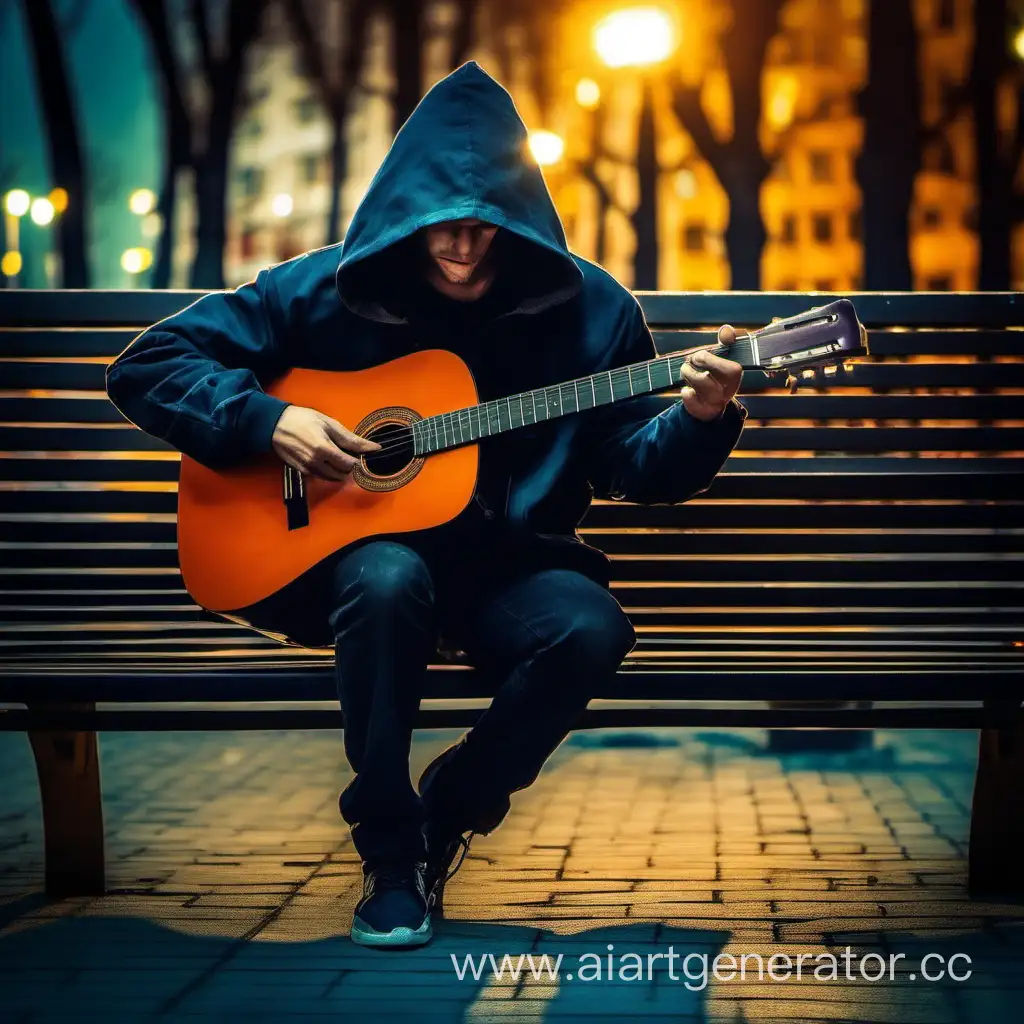 Evening-Serenade-Hooded-Musician-Playing-Guitar-on-a-Bench