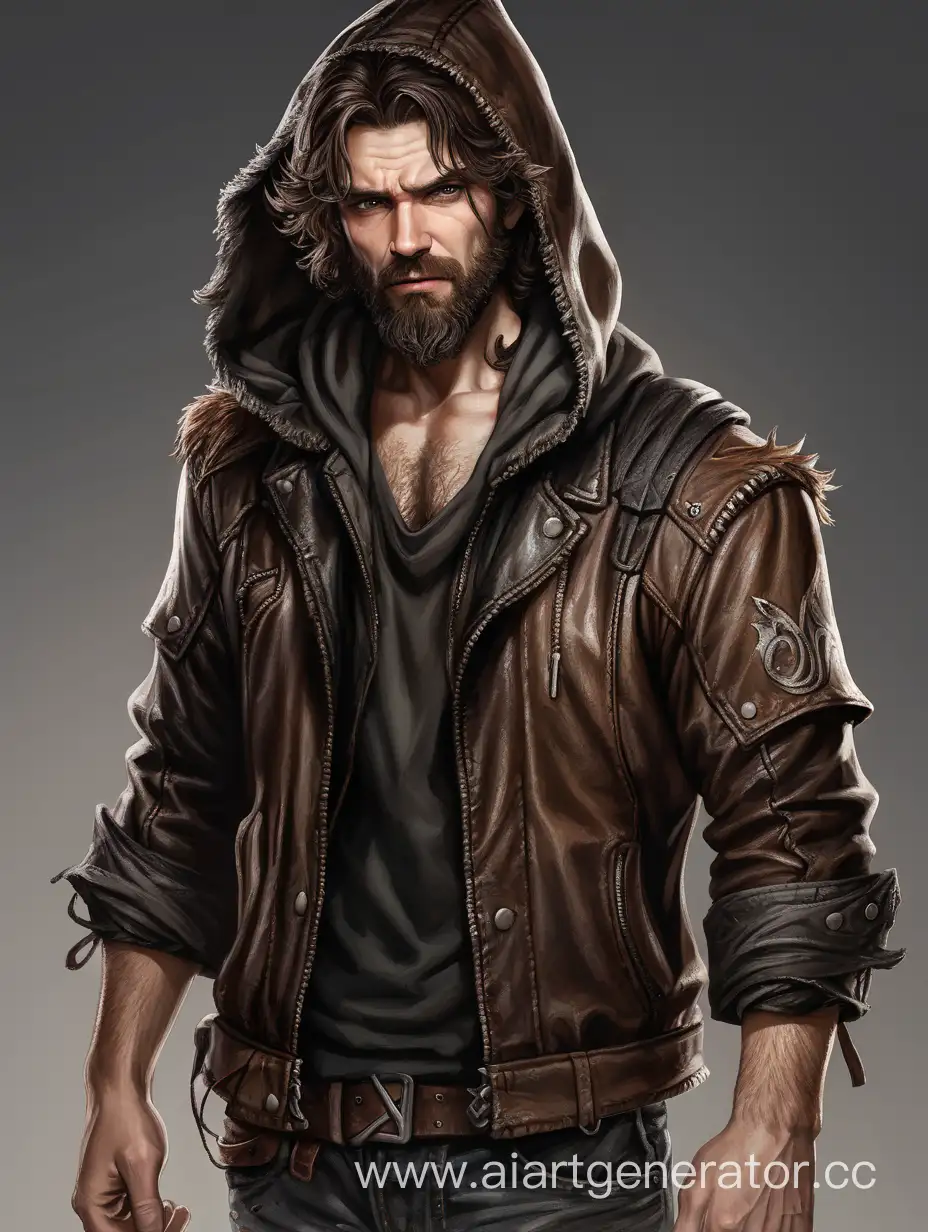 Мужчина с растрепанными тёмно-коричневыми волосами и с бородой. Носит средневековую рваную, мятую кожаную куртку с завёрнутыми рукавами и в капюшоне. Худощавое телосложение. Руки когти