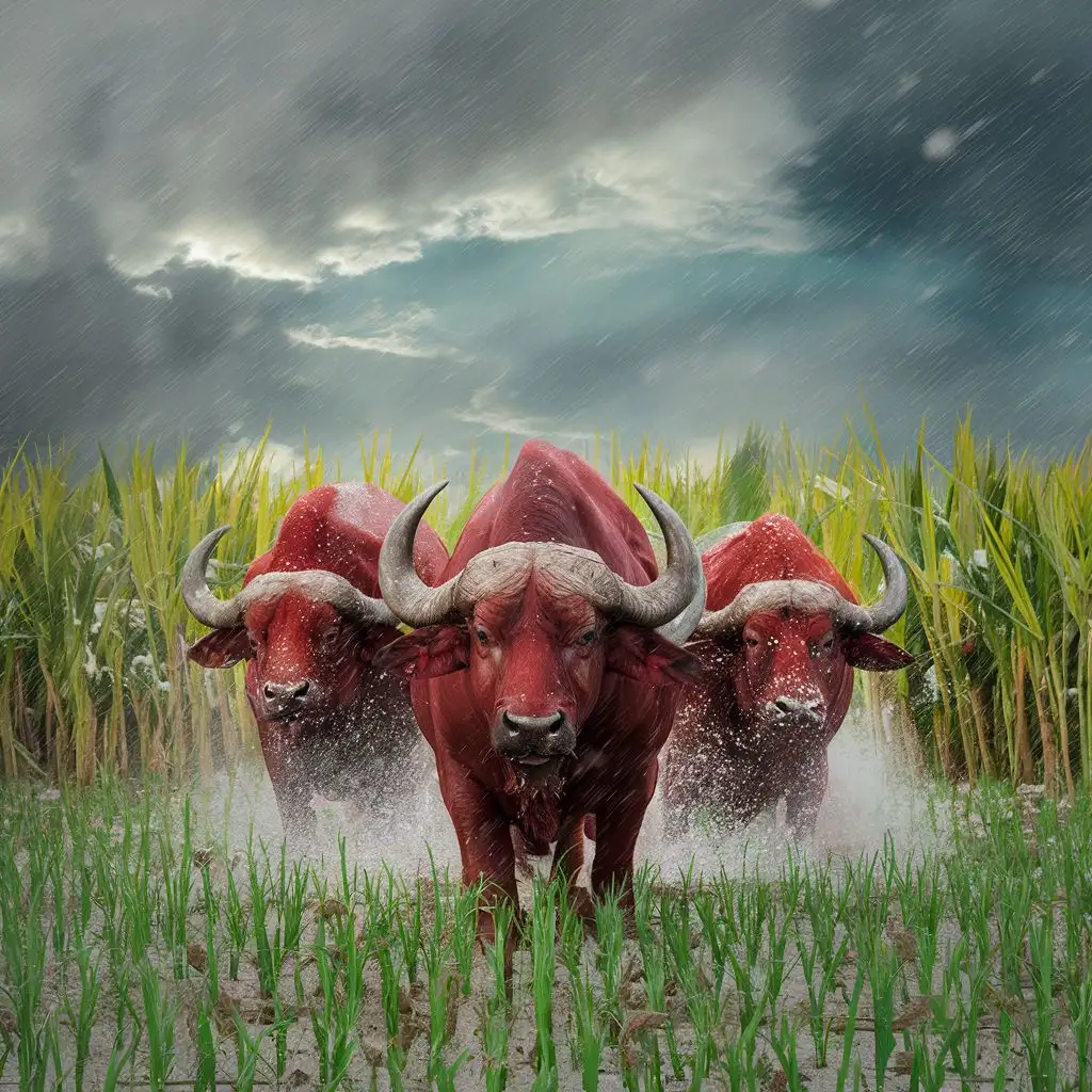 Red Buffaloes Grazing in an African Rice Field During a Snowstorm
