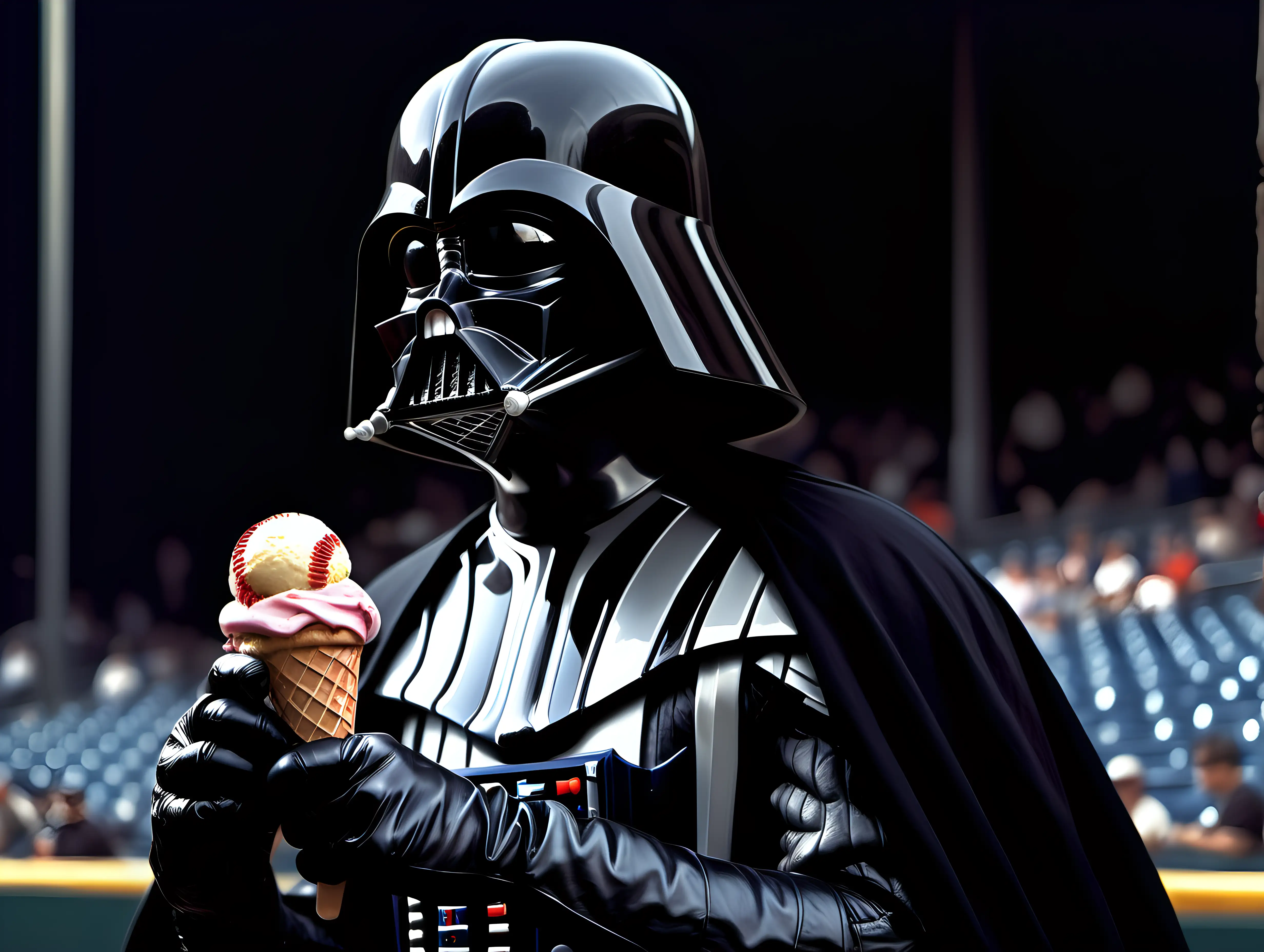 Darth Vader eating ice cream at a baseball game in style of photorealism by frank frazetta, photograph, high detail, elegant, close up and dark background