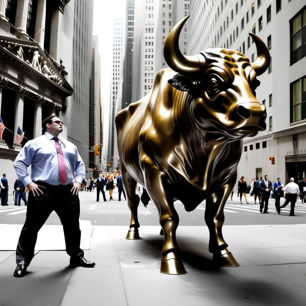Огромный покрытый шерстью живой бык размером с автобус стоит на Wall Street рядом с другим быком - металлическим изваянием Bull of Wall Street. И постукивает его по голове копытом. Bull of Wall Street испуганно пятиться.