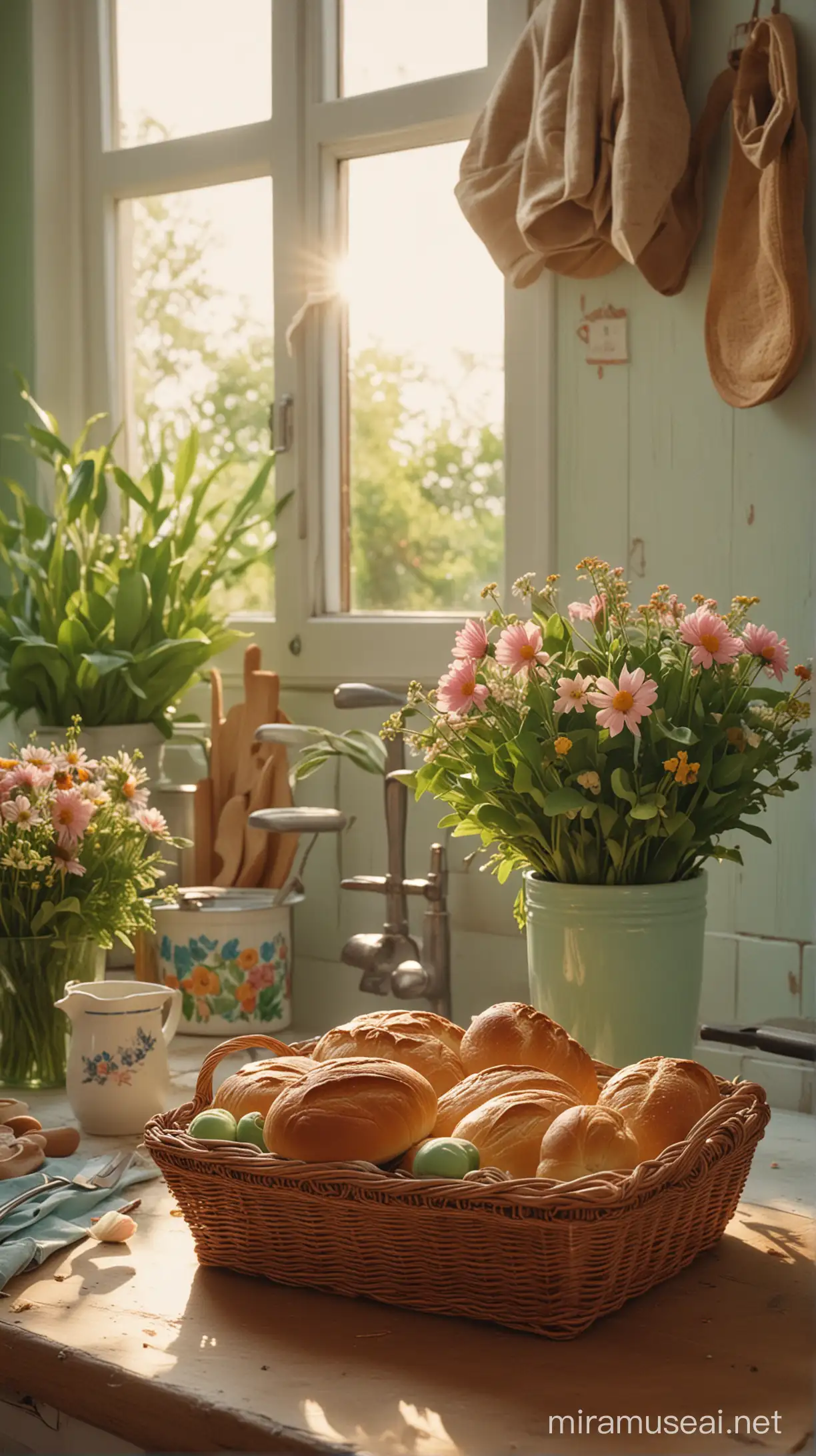 french kitchen. green retro. filled with flowers. cute. bread in basket, in the style of laura makabresku, pastel tone color palette, gustave courbet, miwa komatsu, colorful animation stills, soft, muted palette, intricate floral arrangements, in the style of naturalistic poses, vacation dadcore, youthful energy, a coolexpression, analog film, super detail, dreamy lofi photography, colorful,  shot on fujifilm XT4, sunset, backlit, photography, expansive, awe-inspiring, breathtaking, bright colors, sharp focus, good exposure, misty, wide-angle, sun