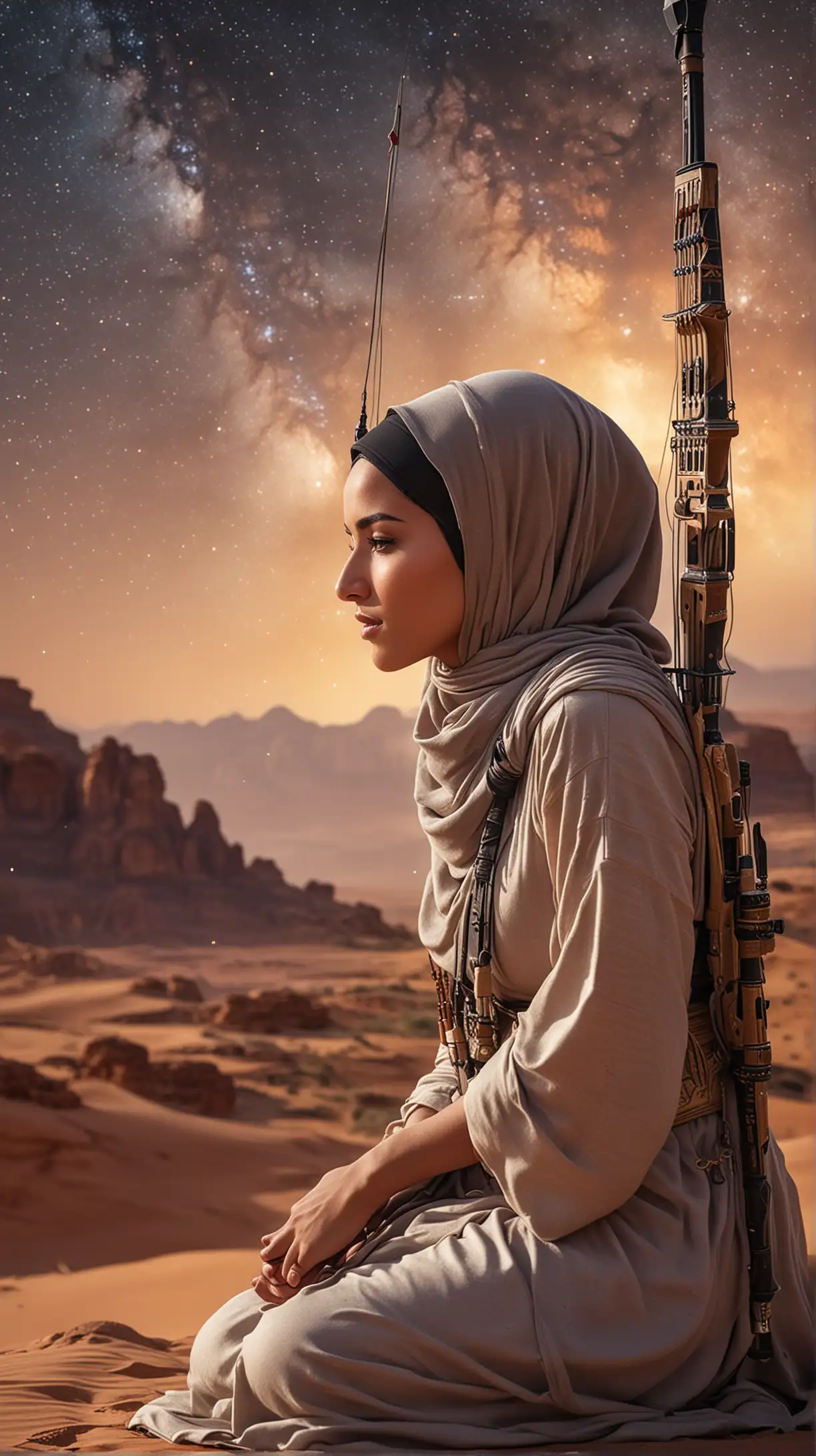 one arabic woman wearing hijab praying
graceful ,very detailed and has archery in her back, vibrant, majestic landscape of desert in with petra build site background, milky way, beautiful sky and star. heroin vibe character, realistic, illustration, ultra detailed for everything, high quality, render, stable diffusion, beautiful vibrance palette colors, full shot distance view, photography style, best composition pictures , best perfect body composition form, view from distance, --ar niji v6.0, perfect beautiful form everything,