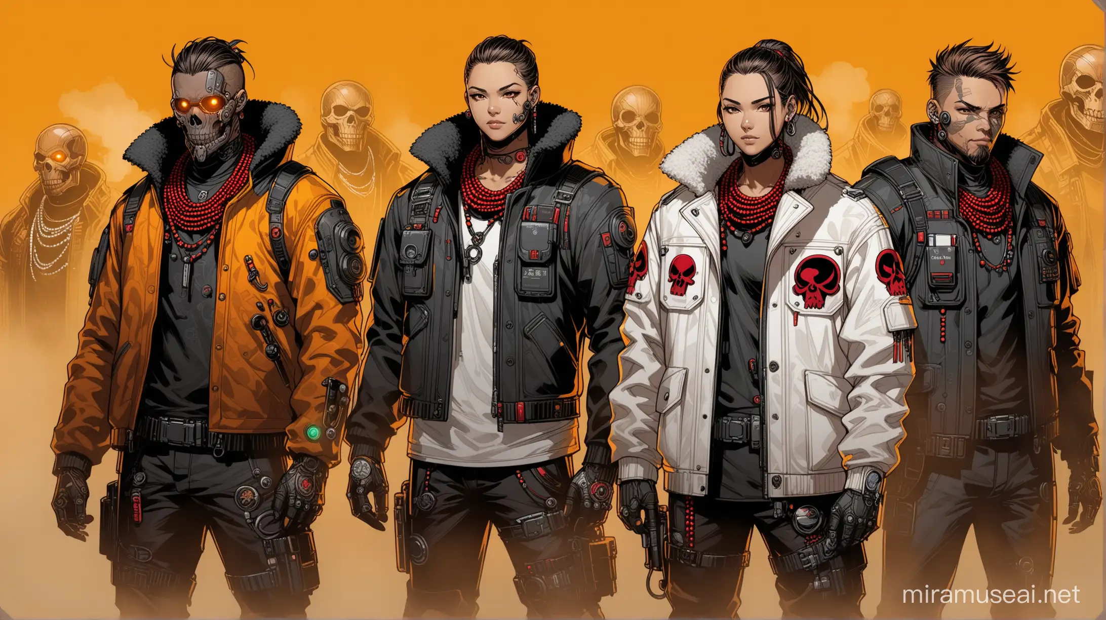 jacket with wool collar, steam, beads, group of different characters, character concept art, intricate details, cyberpunk, amber background with gray brush strokes, character options, lots of detail, white jacket with studs, red skull on the back of the jacket, round wooden beads beads on the neck,